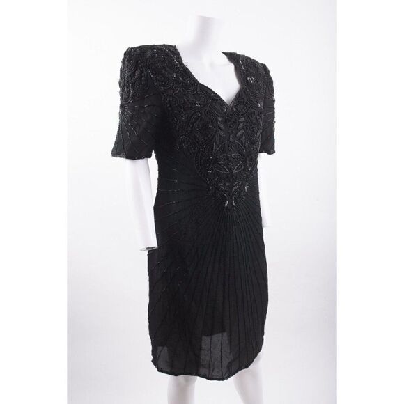 Vintage Scala Womans Silk Evening Dress Size Petite L PL Black Beaded Formal - Picture 2 of 6